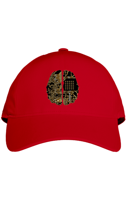 Кепка з принтом "Мозок Айті". Айті, айтішник, гик, знання, золотий, золото, інженер, кібер, кібернетика, кіборг, код, комп, кристал, мікросхема, мозок, програміст, професіонал, професія, розробник, розум, чіп. 2070702