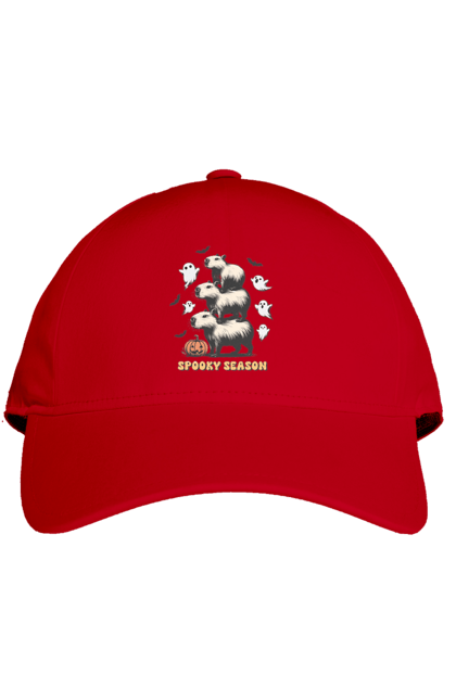 Cap with prints Capybara Halloween. Animal, capybara, ghost, halloween, holiday, moon, pumpkin, rodent. 2070702