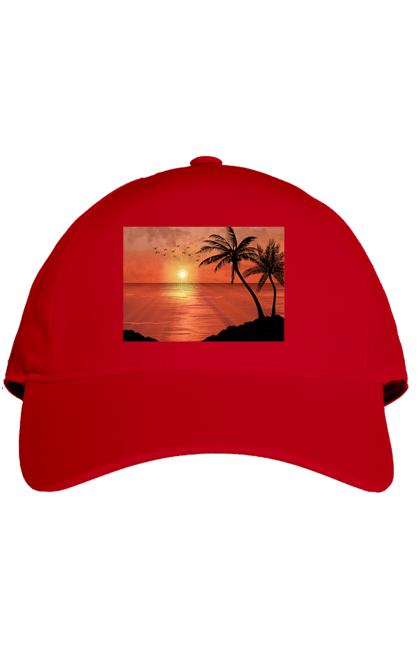 Кепка з принтом "Захід Пальми Море". Берег, захід, море, пальми. 2070702