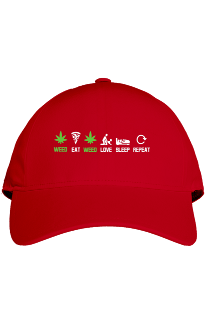 Кепка з принтом "Їсти , любити, спати, повторити". Їсти, коноплі, любов, піца, повторити, секс, сон, спати, трава. 2070702