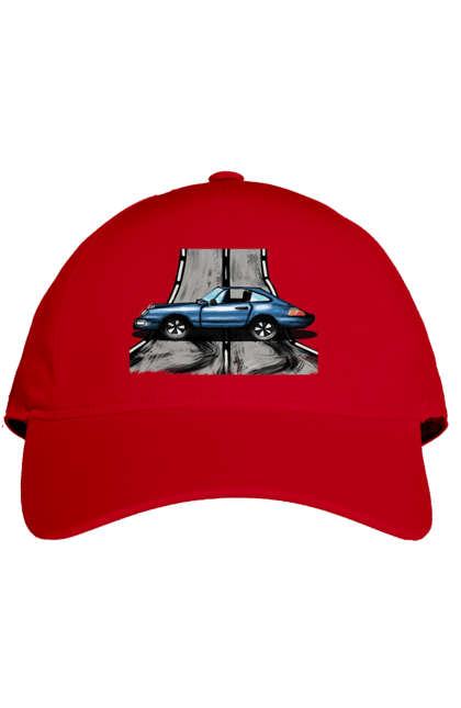 Кепка з принтом "Спортивний Автомобіль На Дорозі". Автомобіль, гонки, синій, спортиного, швидкий, швидкісний. 2070702