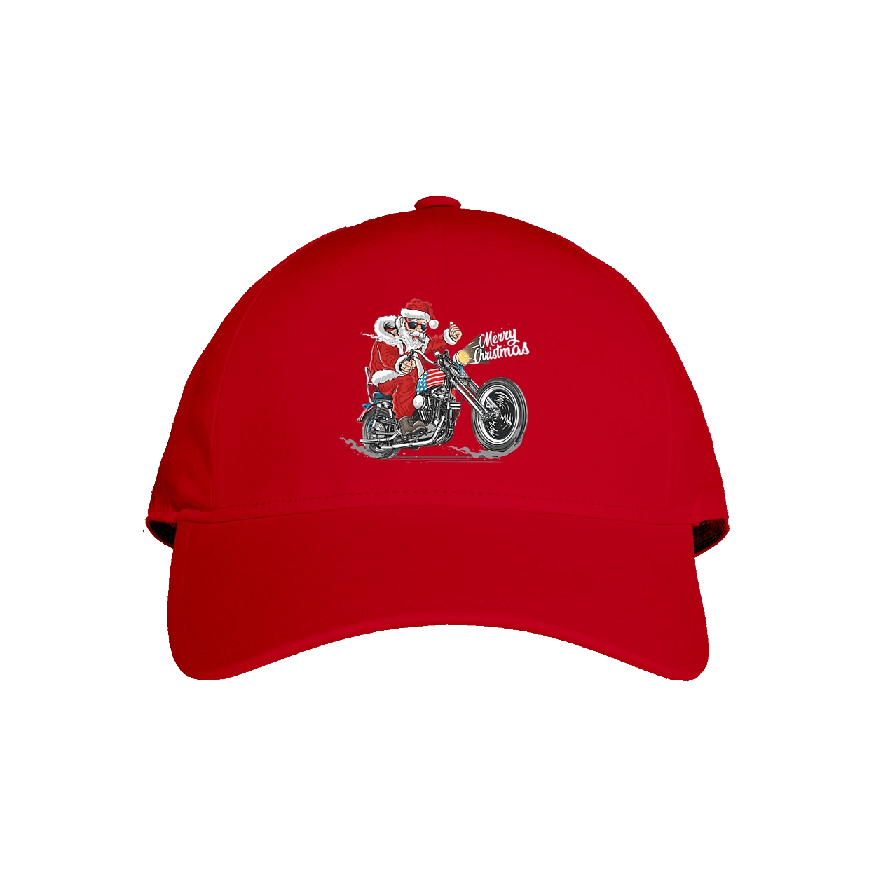 Santa in glasses on a motorcycle