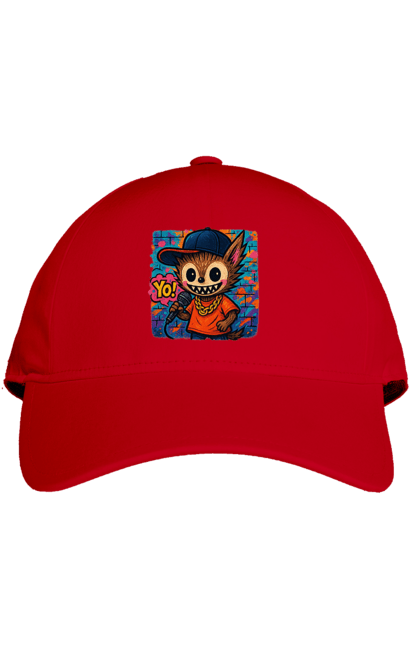 Кепка з принтом "Лабубу". Бейсболка, вуличне мистецтво, графіті, золотийланцюг, лабубу, мікрофон, міський стиль, репатмосфера, хіпхоп, яскраво. 2070702