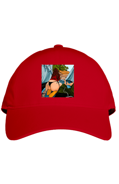 Cap with prints Rest With Favorite In The Tent. Ass, dog, tent, vacation. 2070702