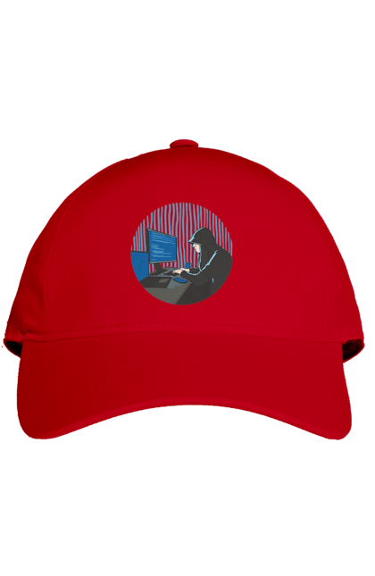 Cap with prints Hacker. 404, andoid, aws, backend, cloud, code, computer, css, dark internet, dark no, data, date, dev, devops, front, geek, git, github, go, golang, google, hacker, html, ios, java, javascript, jquery, js, linux, mascot, nodejs, php, pingfin, programmer, programming, programming languages, python, react, science, script, web. 2070702