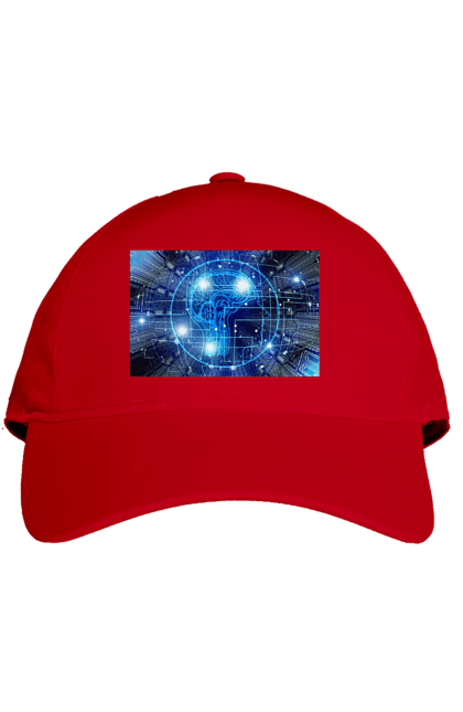 Кепка з принтом "Штучний інтелект". Айті, айтішник, гік, знання, інженер, інтелект, кібер, кібернетика, кіборг, код, комп, комп`ютерник, кристал, машинне навчання, мікросхема, мозок, портрет, програміст, професіонал, професія, розробник, розум, хакер, чіп, штучний інтелект, штучний розум. 2070702