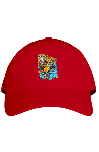 Кепка з принтом "Жовті квіти на синьому фоні". Арт, жовтий та синій, жовті квіти, жовто-синій, квіти, малюнок, природа, синій та жовтий, синьо-жовтий. 2070702