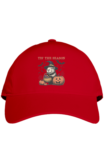 Cap with prints Capybara Halloween. Animal, capybara, ghost, halloween, holiday, moon, pumpkin, rodent, witch. 2070702