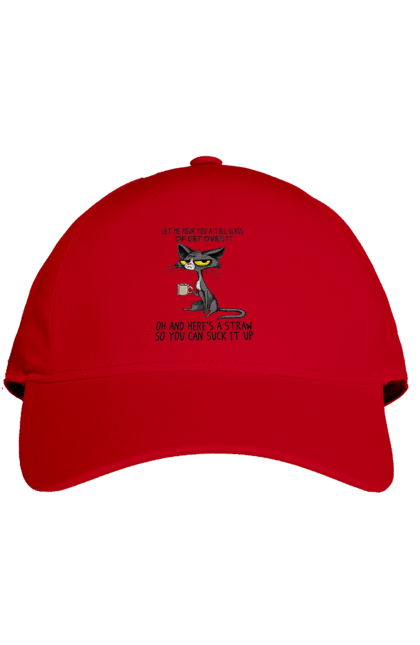 Кепка з принтом "Як це пережити?". Велика склянка, випий, все відмінно, йди нахуй, кіт і кухоль, налий, роздум, смоктати, як це подолати. 2070702