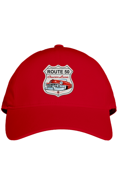 Кепка з принтом "Route 50". Байк, байкер, байкер клуб, брат, брати, брутал, гарячий асфальт, гарячий кінь, гарячий стрижень, дорога 50, дорога 66, дорога 80, дороги америки, дороги україни, жага швидкості, клуб байкерів, мотоцикл, мотоцикліст, справжній чоловік, чувак, швидкість. 2070702