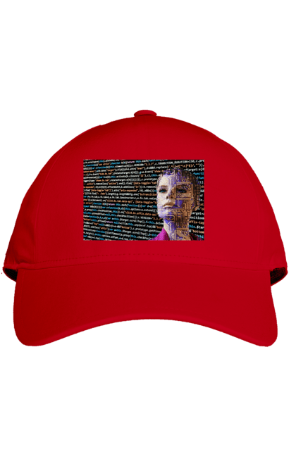 Кепка з принтом "Штучний Розум". Айті, айтішник, гик, жінка, знання, інженер, інтелект, кібер, кібернетика, кіборг, код, комп, комп`ютерник, кристал, машинне навчання, мікросхема, мозок, портрет, програміст, професіонал, професія, розробник, розум, світиться, світло, хакер, чіп, штучний інтелект, штучний розум. 2070702