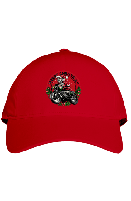 Кепка з принтом "Щасливого Різдва, дід мороз на мотоциклі". 2022, дід мороз, зима, мотоцикл, новий рік, подарунки, різдво, санта, сніг. 2070702