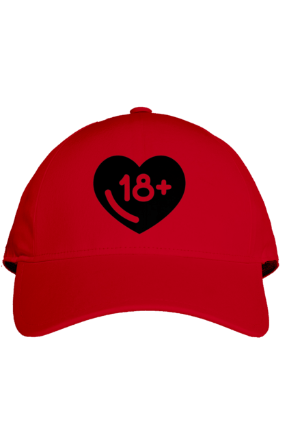 Cap with prints 18+. 18+, black, heart, prohibition, sex. 2070702