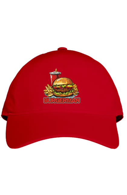 Кепка з принтом "Burgerman". Бургер, для чоловіків, їжа, літні, макдональдс, прикольні, трендові, фаст фуд, чоловічі. 2070702