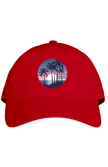 Кепка з принтом "Пальмовий пляж  На заході сонця". Море, пальма, пальми, пальмовий пляж, пляж. CustomPrint.market