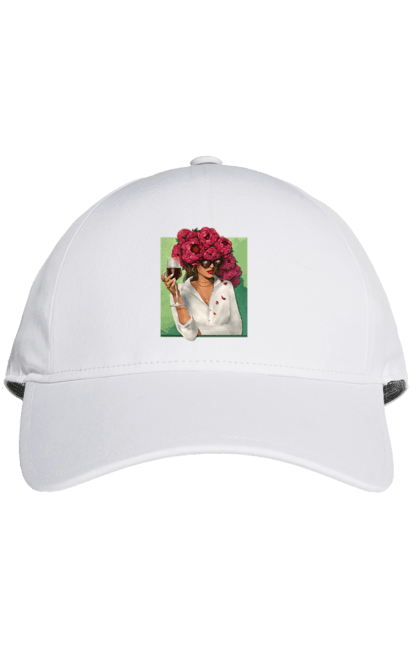 Cap with prints Girl with peonies and a glass. Flower, girl, glasses, goblet, peonies, shirt, summer, wine. 2070702