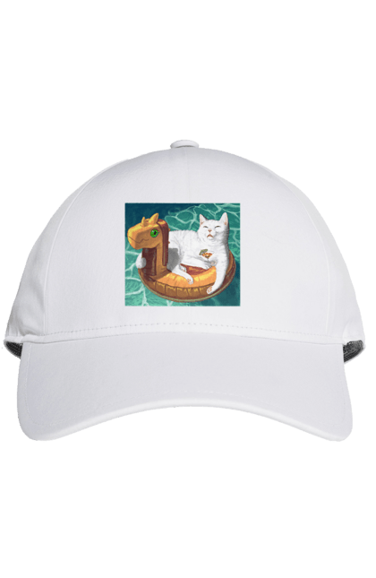 Кепка з принтом "Білий кіт у плавальному колі, на відпочинку". Басейн, відпочинок, кіт, коктейль, море, плавальний круг. 2070702