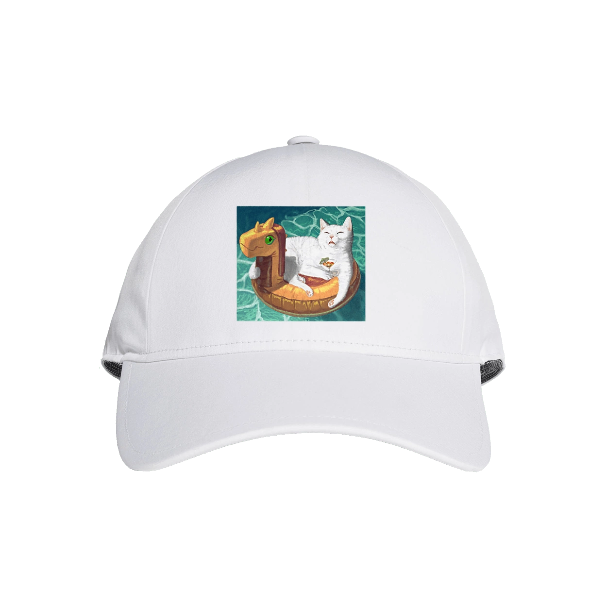 Білий кіт у плавальному колі, на відпочинку