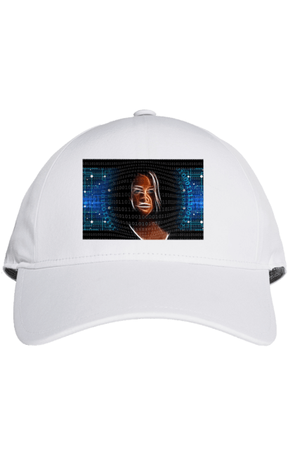 Кепка з принтом "Штучний Розум". Айті, айтішник, гик, жінка, знання, інженер, інтелект, кібер, кібернетика, кіборг, код, комп, комп`ютерник, кристал, машинне навчання, мікросхема, мозок, портрет, програміст, професіонал, професія, розробник, розум, світиться, світло, хакер, чіп, штучний інтелект, штучний розум. 2070702