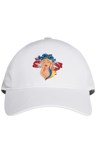 Кепка з принтом "Дівчина на карті України". Дівчина, дівчина на карті, жовтий, карта україни, квіти, прапор, синій, україна, червоний. 2070702