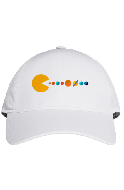 Кепка з принтом "Pac Man Planets". Atari, namco, pac man, аркадна відеогра, відеогра, комп`ютерна гра, космос, лабіринт, планети, сонячна система. 2070702