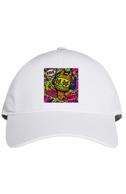 Кепка з принтом "Лабубу". Вечірка, вуличне мистецтво, графіті, зоряніочі, коміксстиль, лабубу, навушники, неон, попарт, рейв. 2070702