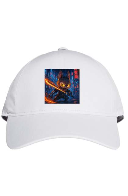 Кепка з принтом "Лабубу". Аніместиль, дія, катана, кіберніндзя, кіберпанк, лабубу, меч, неонове місто, очі` що світяться. 2070702