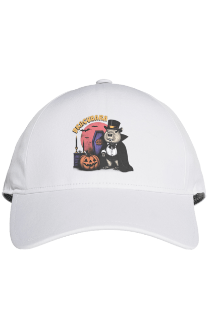 Cap with prints Capybara Halloween. Animal, capybara, ghost, halloween, holiday, moon, pumpkin, rodent, vampire. 2070702