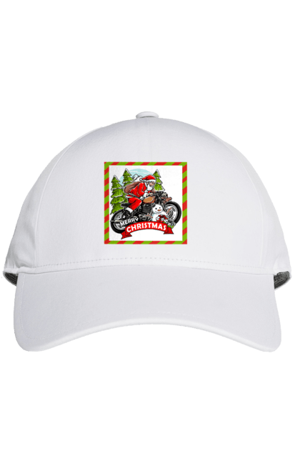 Кепка з принтом "Санта на мотоциклі". Мотоцикл, новий рік, подарунки, різдво, санта, сніговик, ялинка. 2070702