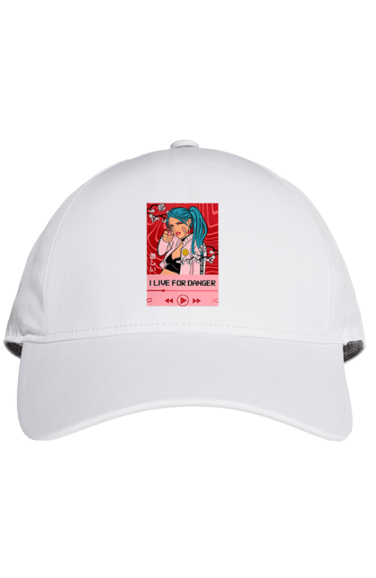Cap with prints I Live For Danger. Anime, music, pistol, turntable. 2070702
