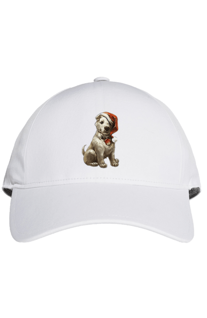 Кепка з принтом "Зимовий собака з новорічною шапкою". Зима, новий рік, різдво, сніг, собака. CustomPrint.market