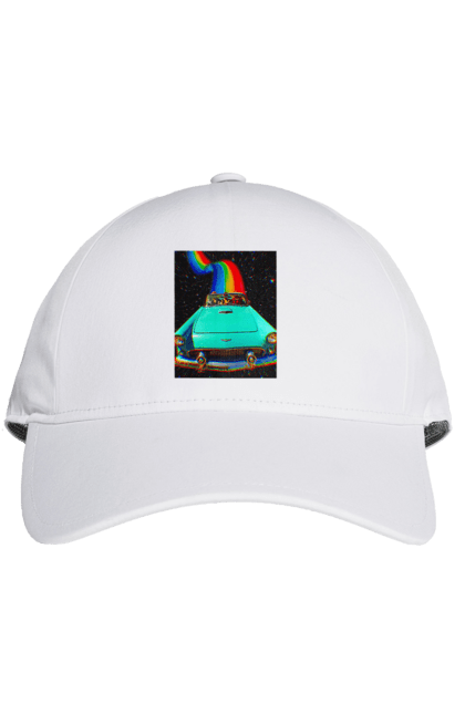 Cap with prints Picture, a car in space. Joke, machine, picture, rainbow, retro, space, travel, trip. 2070702