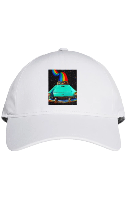 Cap with prints Picture, a car in space. Joke, machine, picture, rainbow, retro, space, travel, trip. 2070702