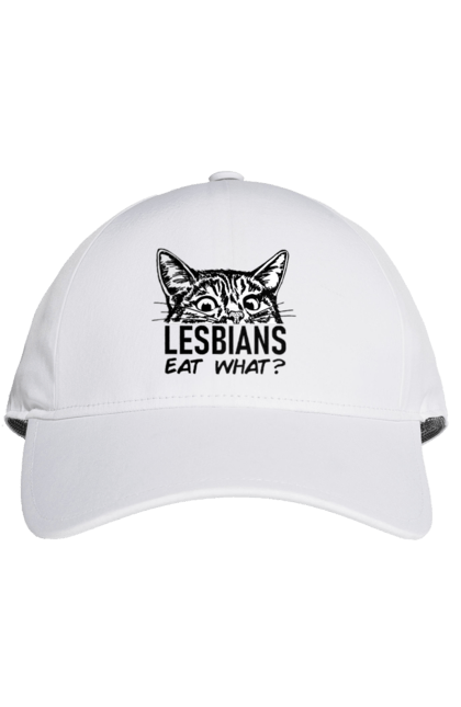 Кепка з принтом "Lesbians eat what?". Гумор, котики, лгбт, лесбіянки, приколи, смішні написи. 2070702