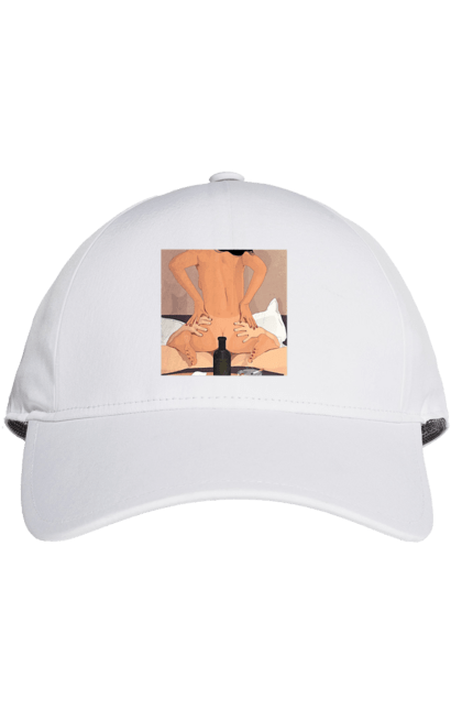 Cap with prints Naked Girl, Bottle And Cigarettes. From above, naked. 2070702