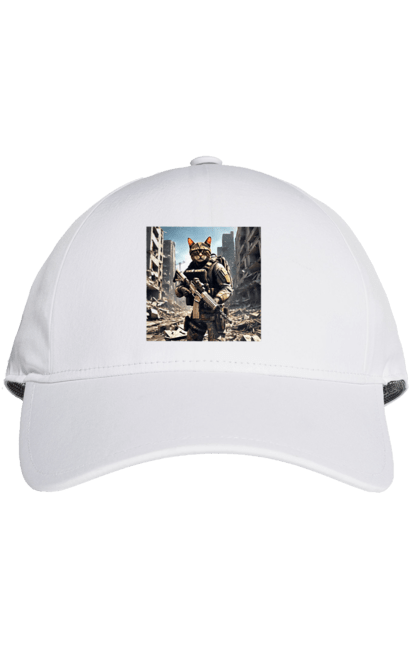 Кепка з принтом "Кіт десантник". Бронежилет, війна, військовий, гвинтівка, захисник, камуфляж, кіт, рушниця. 2070702