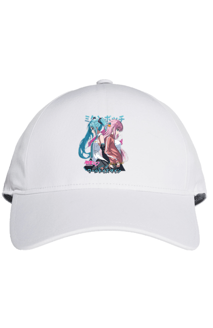 Cap with prints Hatsune Miku and Hitori Gotou. Anime, bocchi the rock, hatsune miku, hitori goto, hitori gotou, lonely rocker, miku, rocker, vocaloid. 2070702