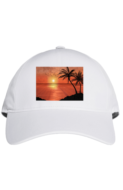 Кепка с принтом Закат Пальмы Море. Берег, закат, море, пальмы. 2070702