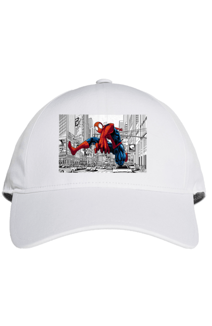 Кепка з принтом "Людина павук і біле місто". Герой, людина павук, марвел, місто, павук, павутиння, рятувальник, спайдермен. CustomPrint.market