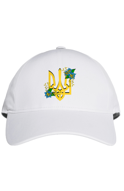 Кепка з принтом "Український герб з квітами". Герб, герб україни, для жінок, квіти, сине жовтий. ART принт на футболках