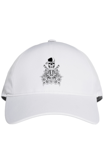 Cap with prints Skeleton with pistols. Black and white, bones, cap, gun, roses, scull, skeleton, teeth. 2070702