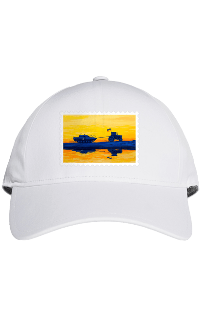 Кепка з принтом "Нова марка, трактор що тягне танк". Добрий вечір, доброго вечора, марка, марка україни, марка укрпочта, ні війні, трактор тягне танк, тракторні війська, укрпочта. 2070702