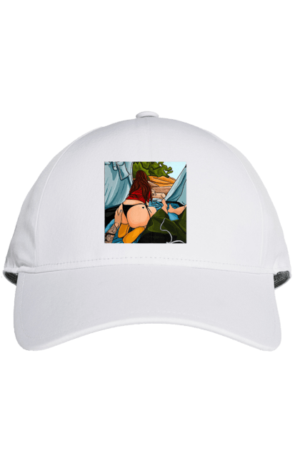 Cap with prints Rest With Favorite In The Tent. Ass, dog, tent, vacation. 2070702