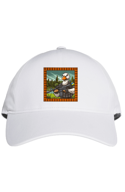 Cap with prints Goose landing. Armed forces, biological weapons, fighting geese, flag, goose landing, military goose, symbolics, ukraine. 2070702