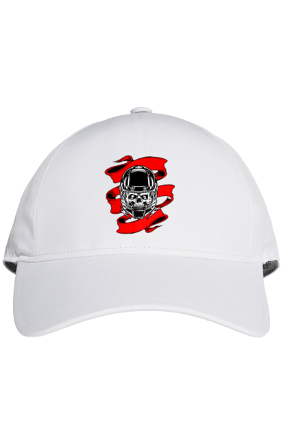 Cap with prints Skull in a motorcycle helmet. Helmet, moto, skull, tape. 2070702