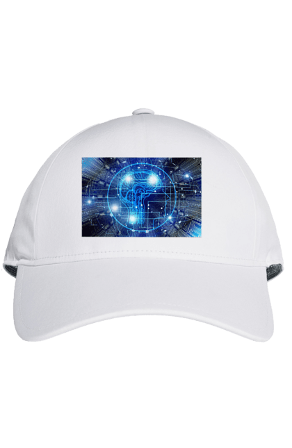Кепка з принтом "Штучний інтелект". Айті, айтішник, гік, знання, інженер, інтелект, кібер, кібернетика, кіборг, код, комп, комп`ютерник, кристал, машинне навчання, мікросхема, мозок, портрет, програміст, професіонал, професія, розробник, розум, хакер, чіп, штучний інтелект, штучний розум. 2070702