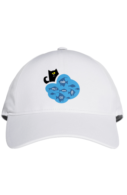 Кепка з принтом "Кіт програміст". Angular, c, css, html, it, javascript, jquery, php, python, react, svelt, vue, айтишник, айті, гумор, код, кодувати, прогер, програміст, програмісти, ти ж, ти ж програміст, тиж програміст. 2070702