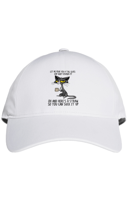 Кепка з принтом "Як це пережити?". Велика склянка, випий, все відмінно, йди нахуй, кіт і кухоль, налий, роздум, смоктати, як це подолати. 2070702