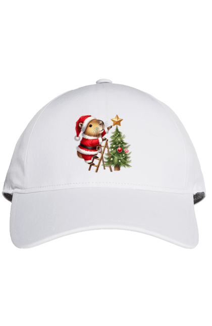 Cap with prints Christmas Capybara with a Tree. Animal, capybara, christmas, christmas capybara, christmas tree, gift, holiday, new year, new year`s gift, santa. 2070702