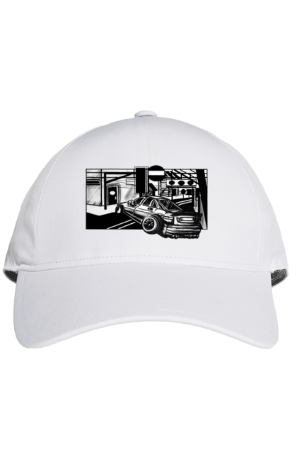 Кепка з принтом "Небезпечний Автомобіль на дорогах вулиць". Автомобіль, гонки, машина, небезпечний, чорно білий, швидкий. 2070702